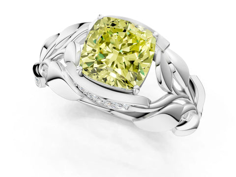 White gold Fancy Yellow Cushion Cut Solitaire Leaf-Inspired Engagement Ring with Prong Setting_1