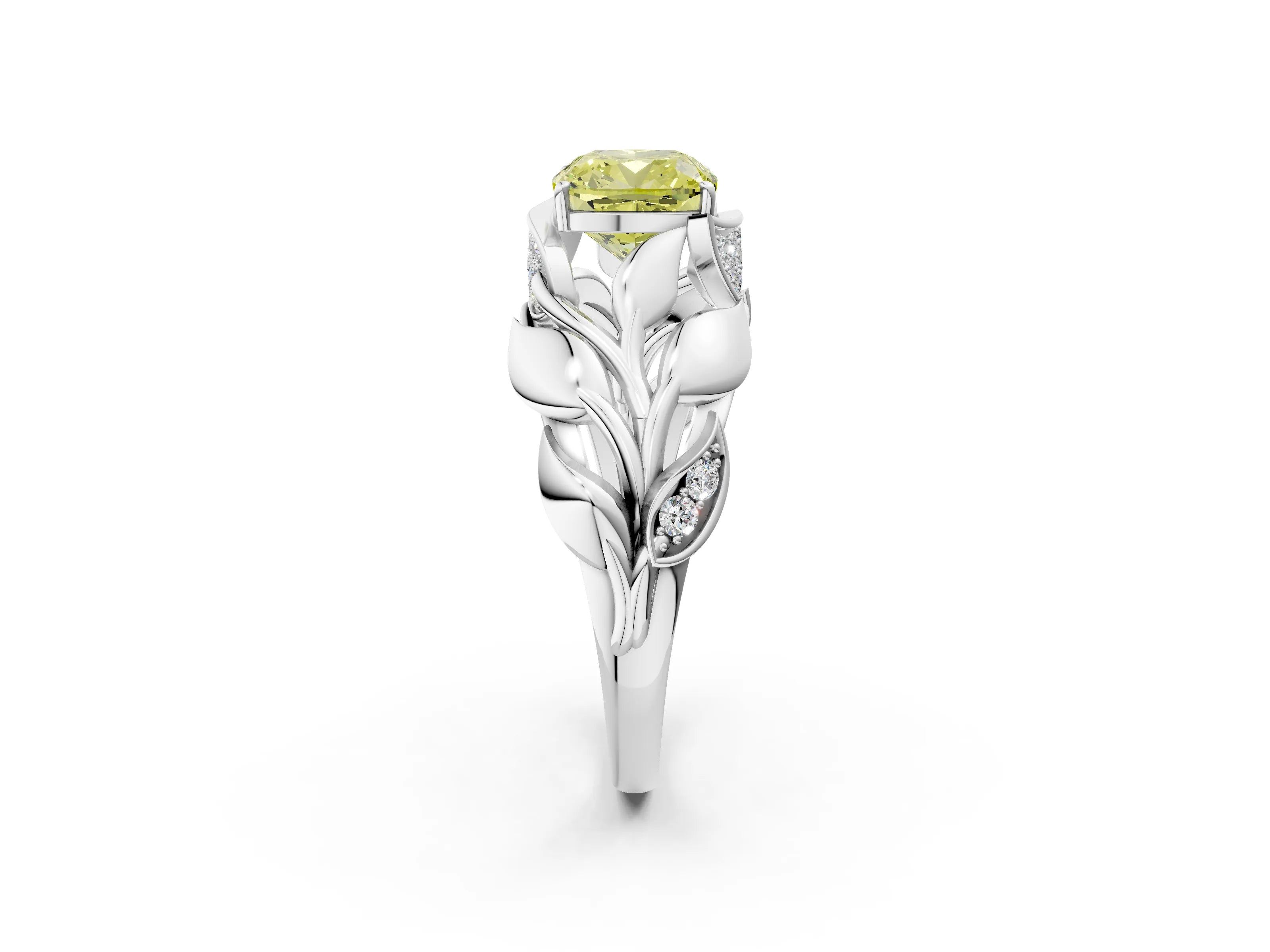 White gold Fancy Yellow Cushion Cut Solitaire Leaf-Inspired Engagement Ring with Prong Setting_2