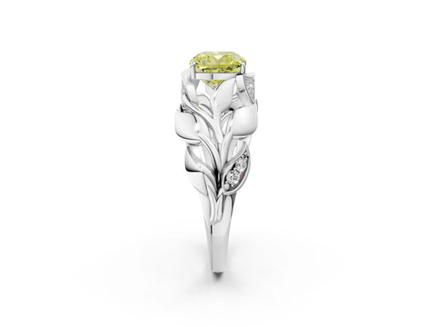 White gold Fancy Yellow Cushion Cut Solitaire Leaf-Inspired Engagement Ring with Prong Setting_2
