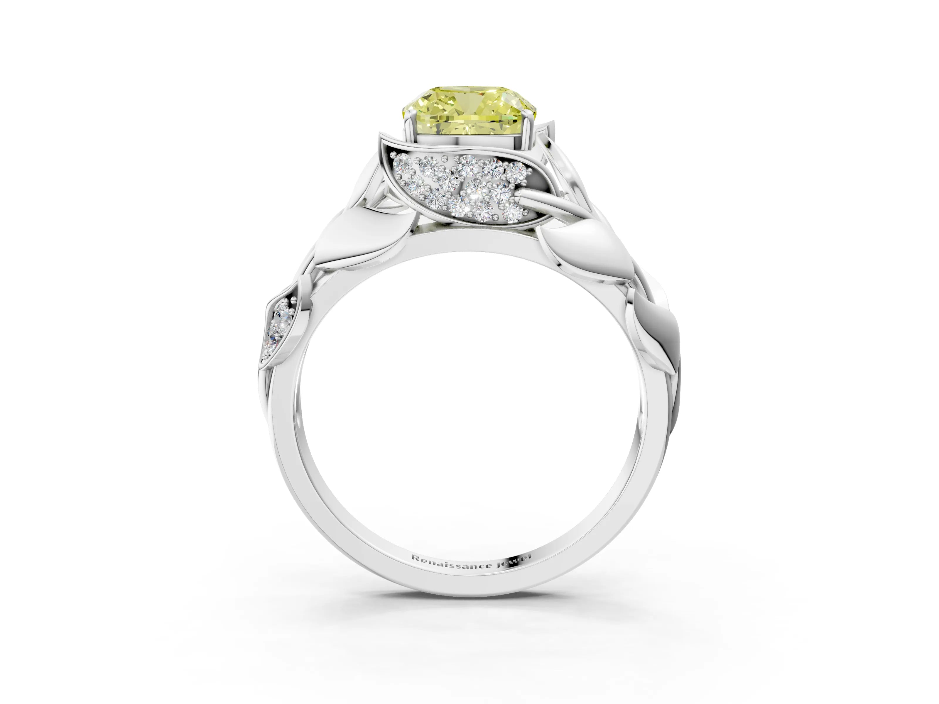 White gold Fancy Yellow Cushion Cut Solitaire Leaf-Inspired Engagement Ring with Prong Setting_3