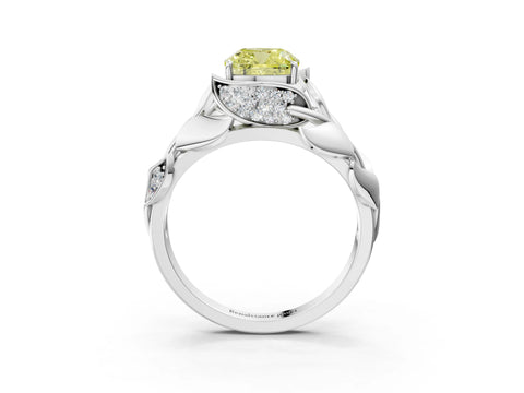White gold Fancy Yellow Cushion Cut Solitaire Leaf-Inspired Engagement Ring with Prong Setting_3