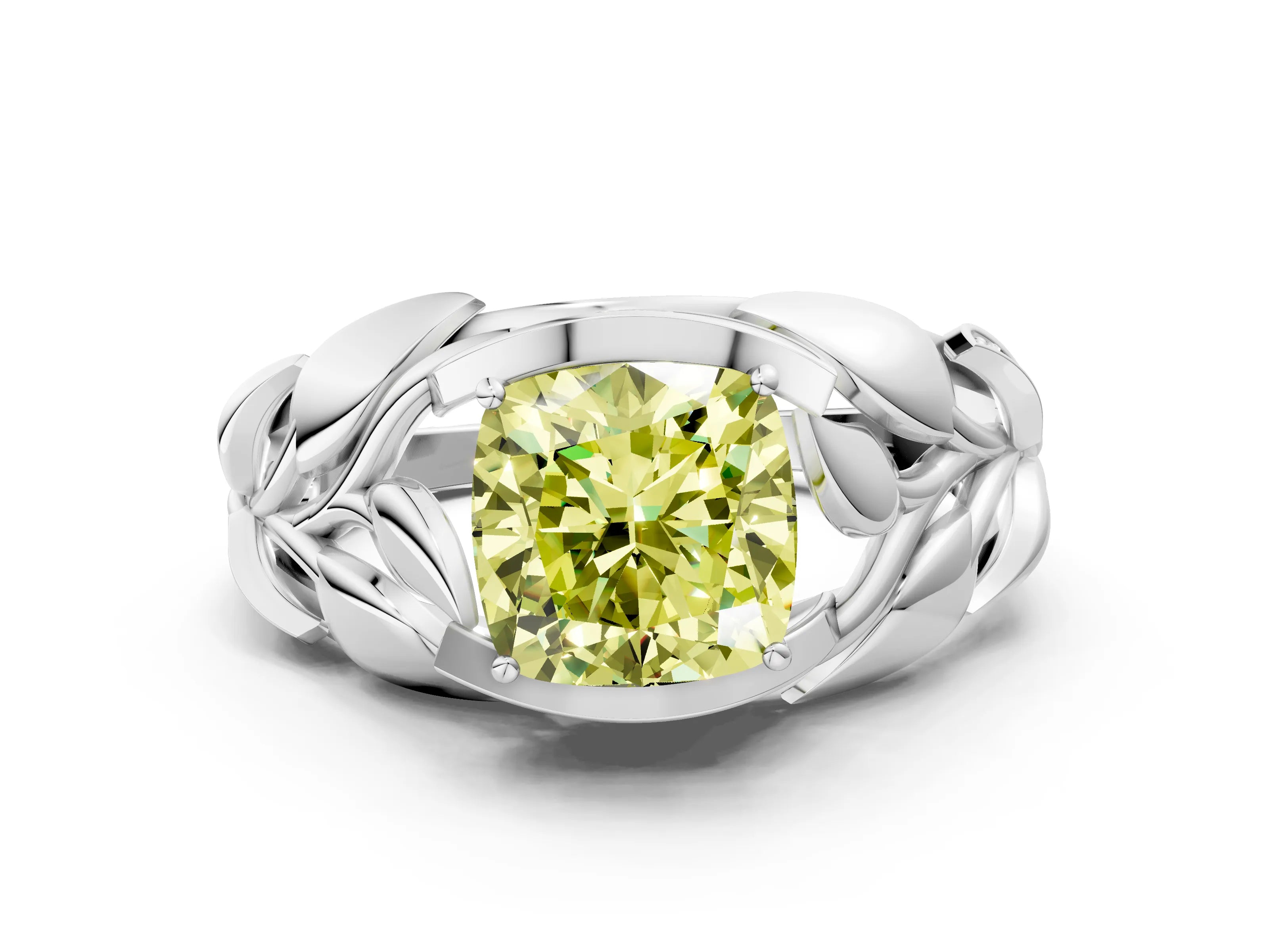 White gold Fancy Yellow Cushion Cut Solitaire Leaf-Inspired Engagement Ring with Prong Setting