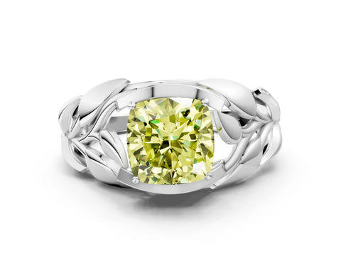 White gold Fancy Yellow Cushion Cut Solitaire Leaf-Inspired Engagement Ring with Prong Setting