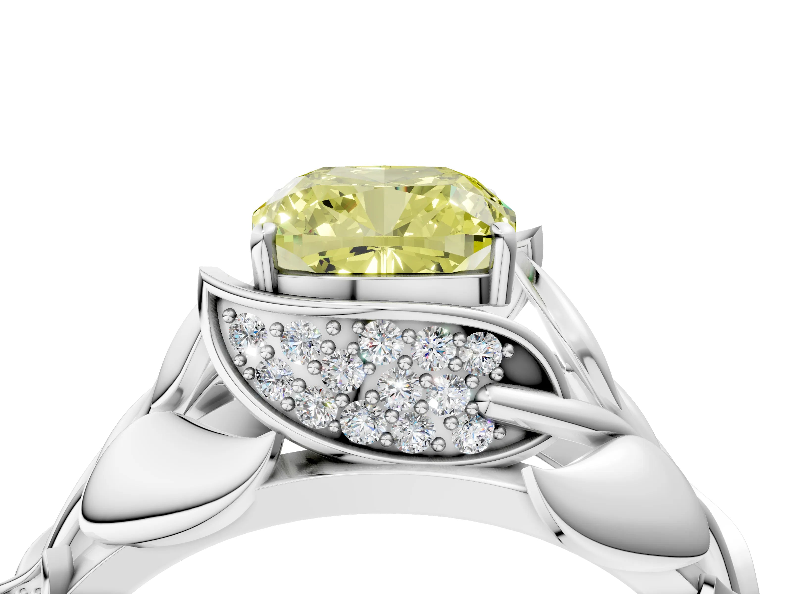 White gold Fancy Yellow Cushion Cut Solitaire Leaf-Inspired Engagement Ring with Prong Setting_4