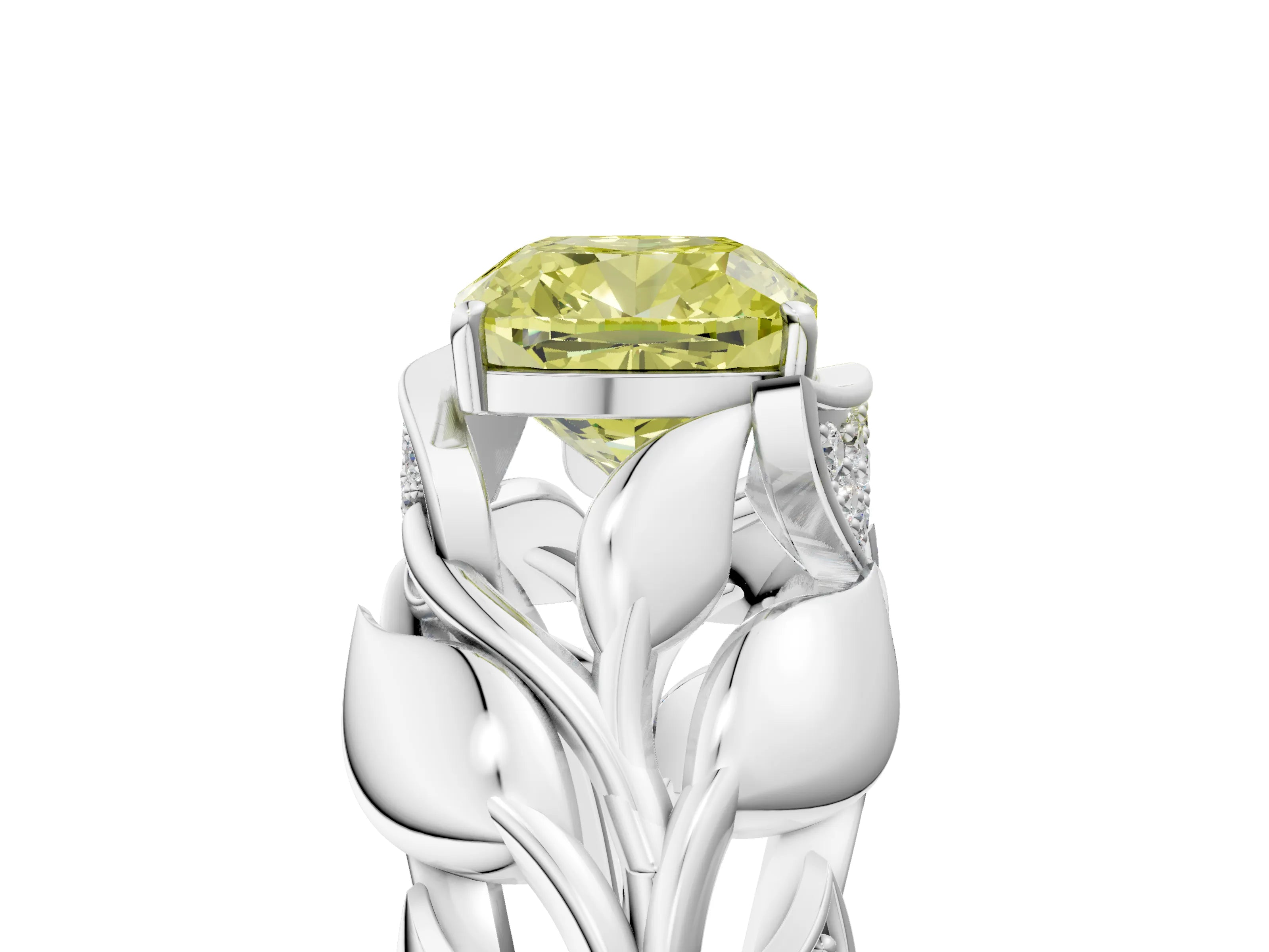 White gold Fancy Yellow Cushion Cut Solitaire Leaf-Inspired Engagement Ring with Prong Setting_5