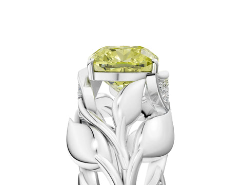 White gold Fancy Yellow Cushion Cut Solitaire Leaf-Inspired Engagement Ring with Prong Setting_5
