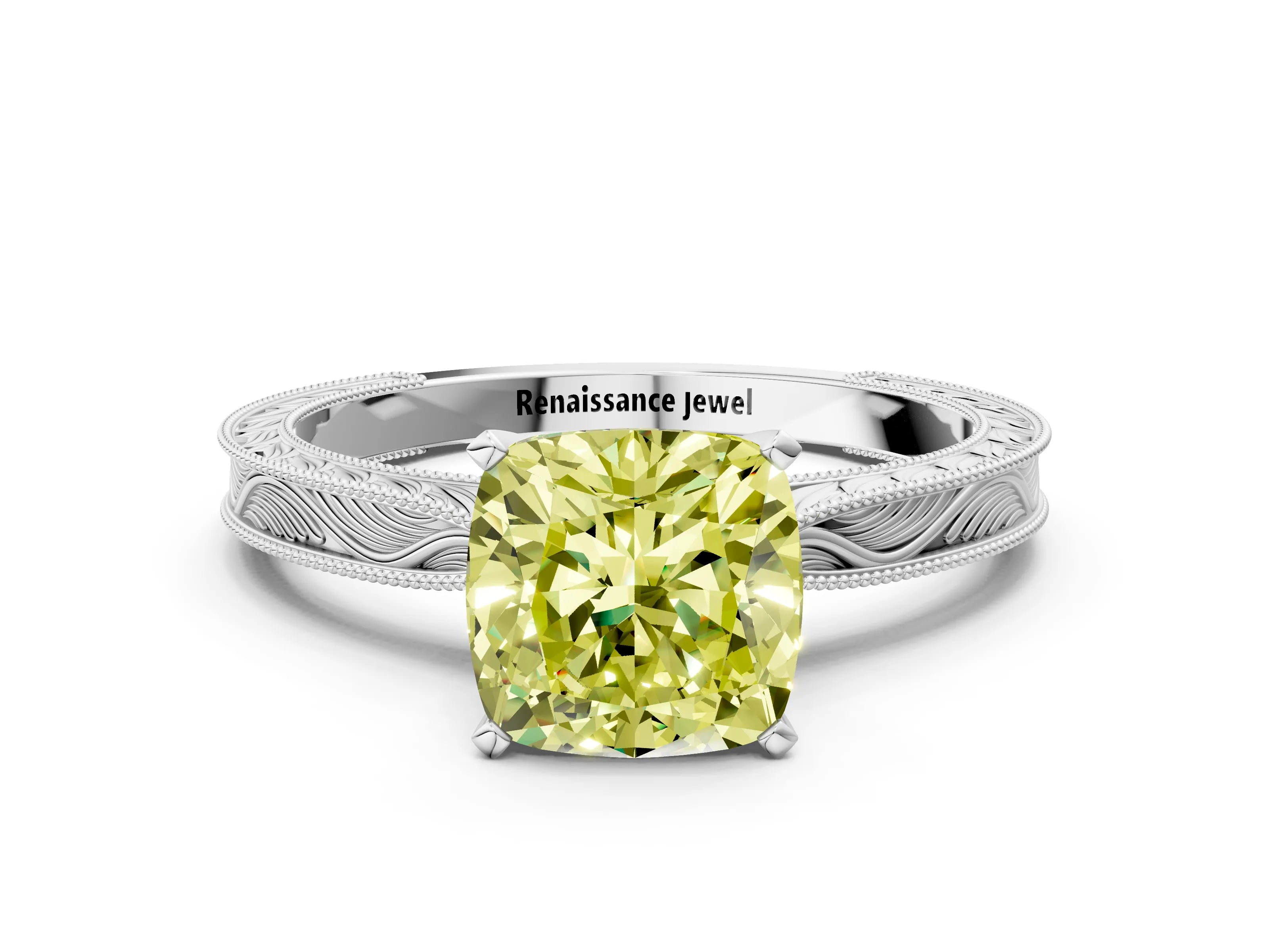 White gold Fancy Yellow Cushion Cut Solitaire Milgrain Engraved Band with Four-Prong Setting_12