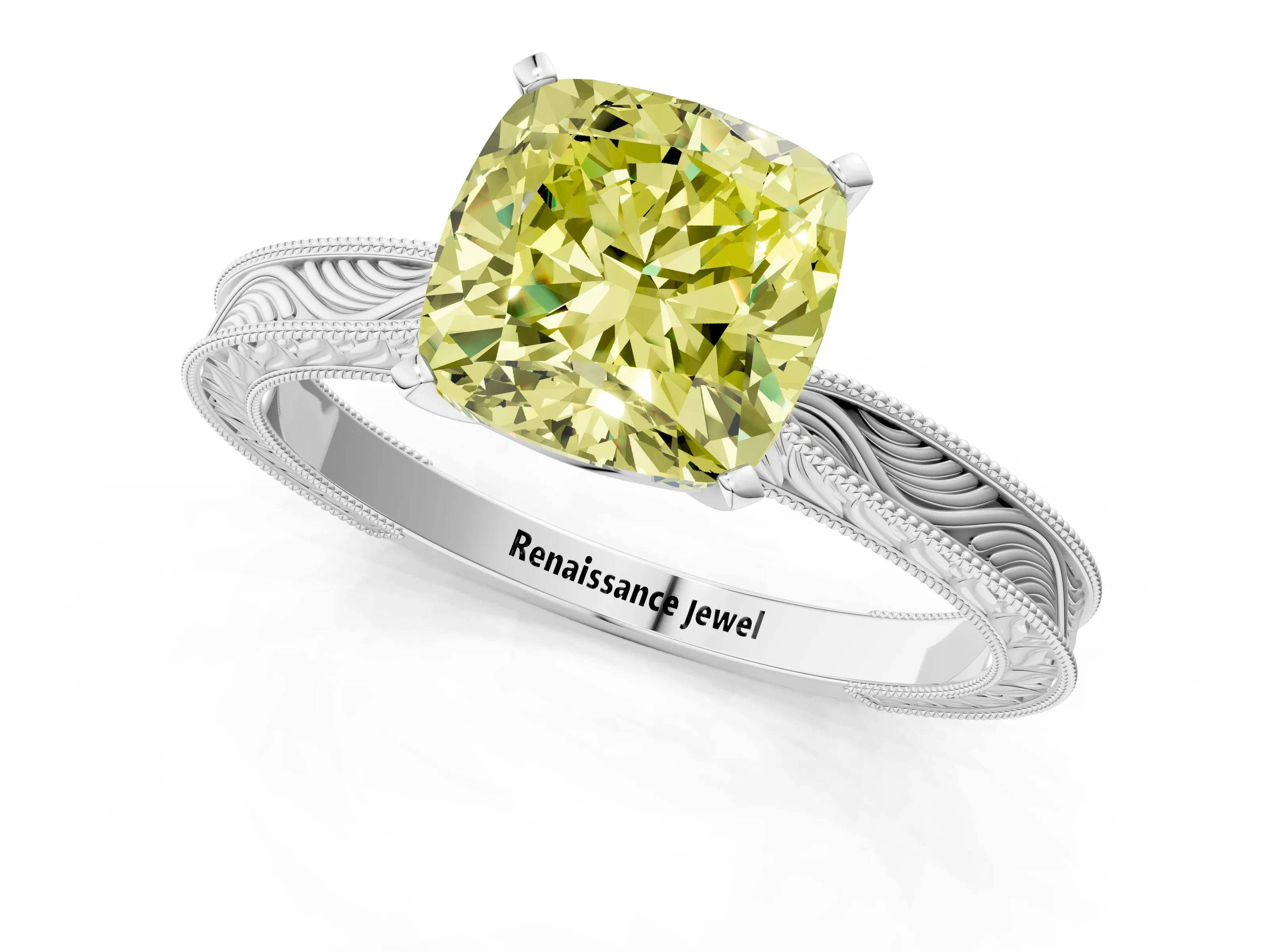 White gold Fancy Yellow Cushion Cut Solitaire Milgrain Engraved Band with Four-Prong Setting_13