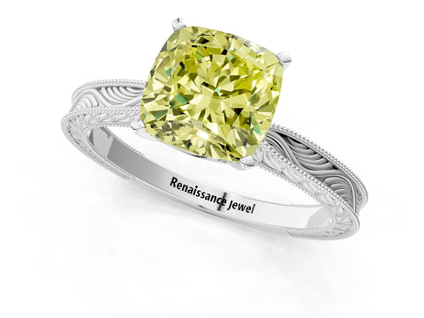 White gold Fancy Yellow Cushion Cut Solitaire Milgrain Engraved Band with Four-Prong Setting_13