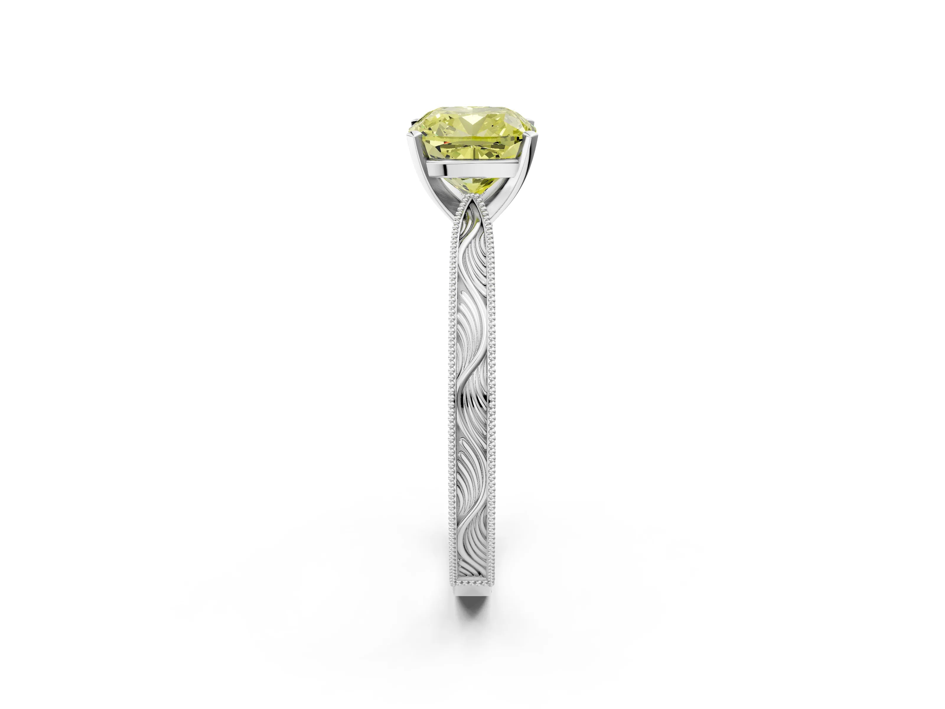 White gold Fancy Yellow Cushion Cut Solitaire Milgrain Engraved Band with Four-Prong Setting_14