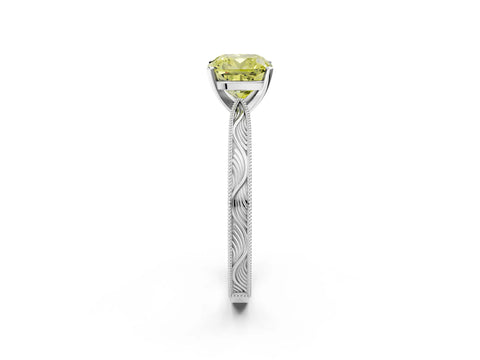 White gold Fancy Yellow Cushion Cut Solitaire Milgrain Engraved Band with Four-Prong Setting_14