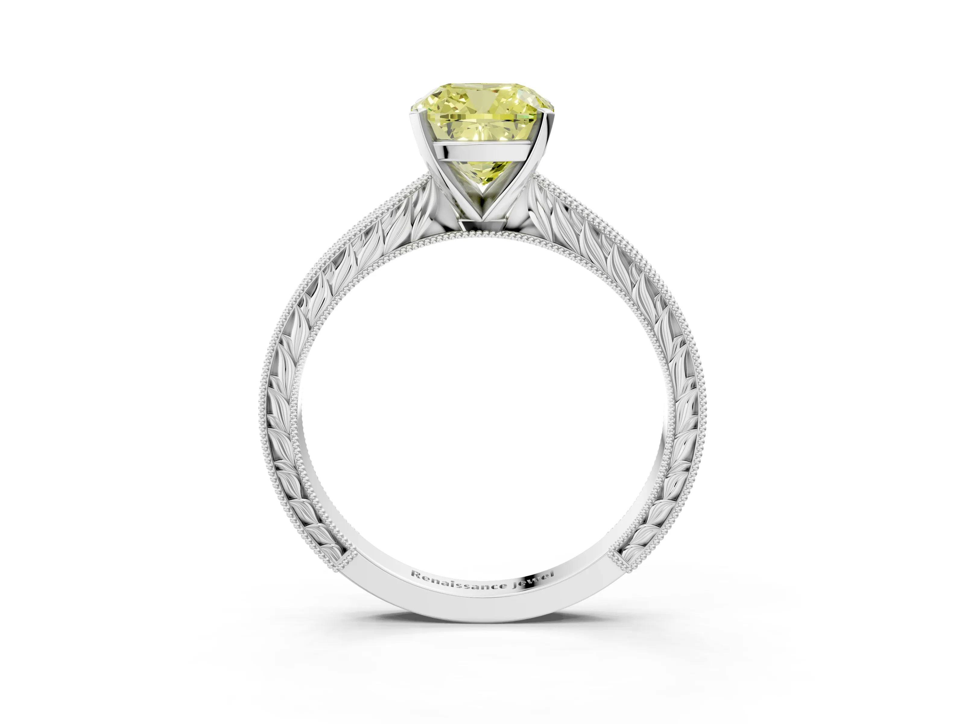White gold Fancy Yellow Cushion Cut Solitaire Milgrain Engraved Band with Four-Prong Setting_15