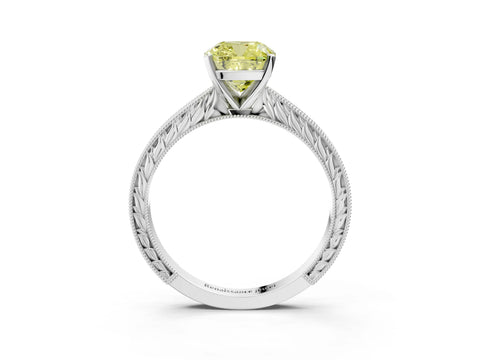 White gold Fancy Yellow Cushion Cut Solitaire Milgrain Engraved Band with Four-Prong Setting_15