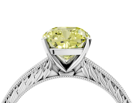 White gold Fancy Yellow Cushion Cut Solitaire Milgrain Engraved Band with Four-Prong Setting_16