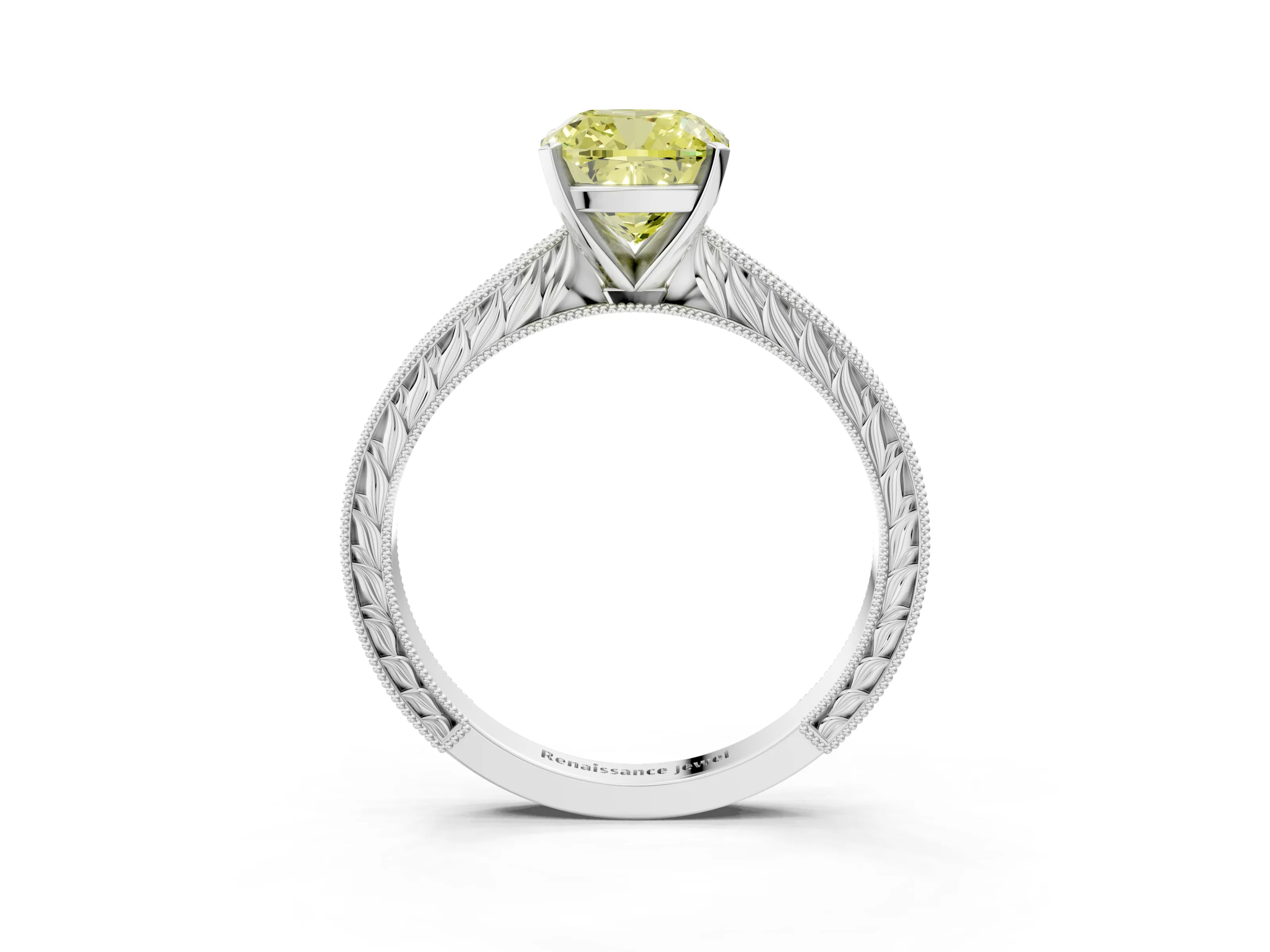 White gold Fancy Yellow Cushion Cut Solitaire Milgrain Engraved Band with Four-Prong Setting_3