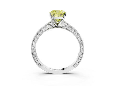 White gold Fancy Yellow Cushion Cut Solitaire Milgrain Engraved Band with Four-Prong Setting_3