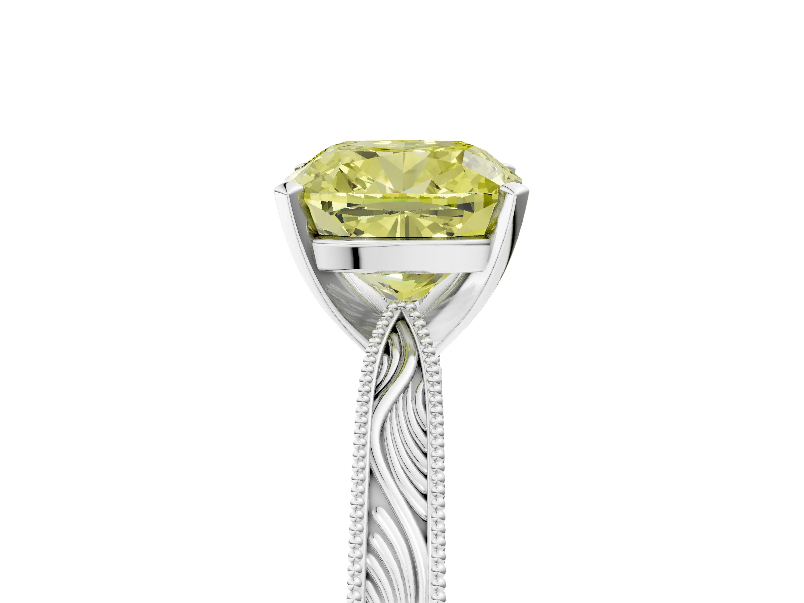 White gold Fancy Yellow Cushion Cut Solitaire Milgrain Engraved Band with Four-Prong Setting_5