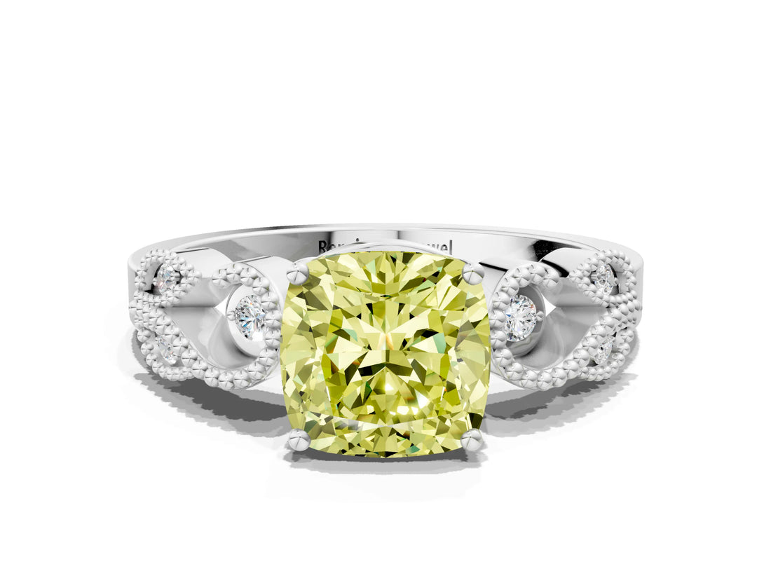 White gold Fancy Yellow Cushion Cut Solitaire Milgrain Leaf Band with Prong Setting_12