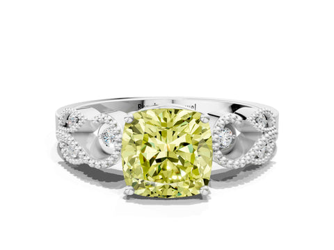 White gold Fancy Yellow Cushion Cut Solitaire Milgrain Leaf Band with Prong Setting_12