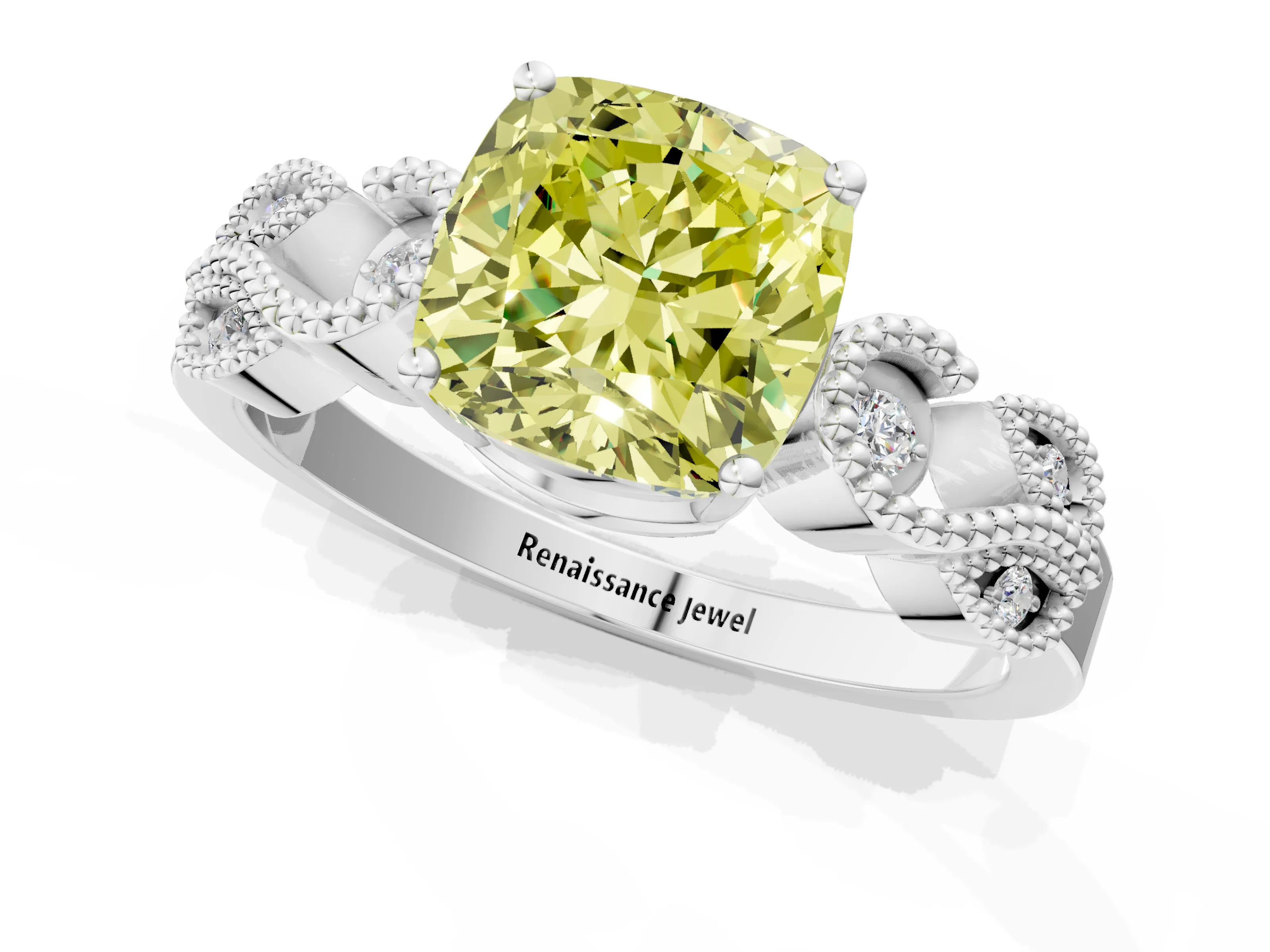 White gold Fancy Yellow Cushion Cut Solitaire Milgrain Leaf Band with Prong Setting_13
