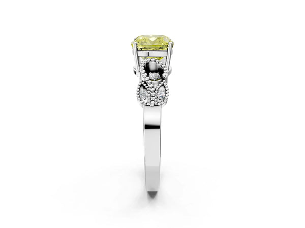 White gold Fancy Yellow Cushion Cut Solitaire Milgrain Leaf Band with Prong Setting