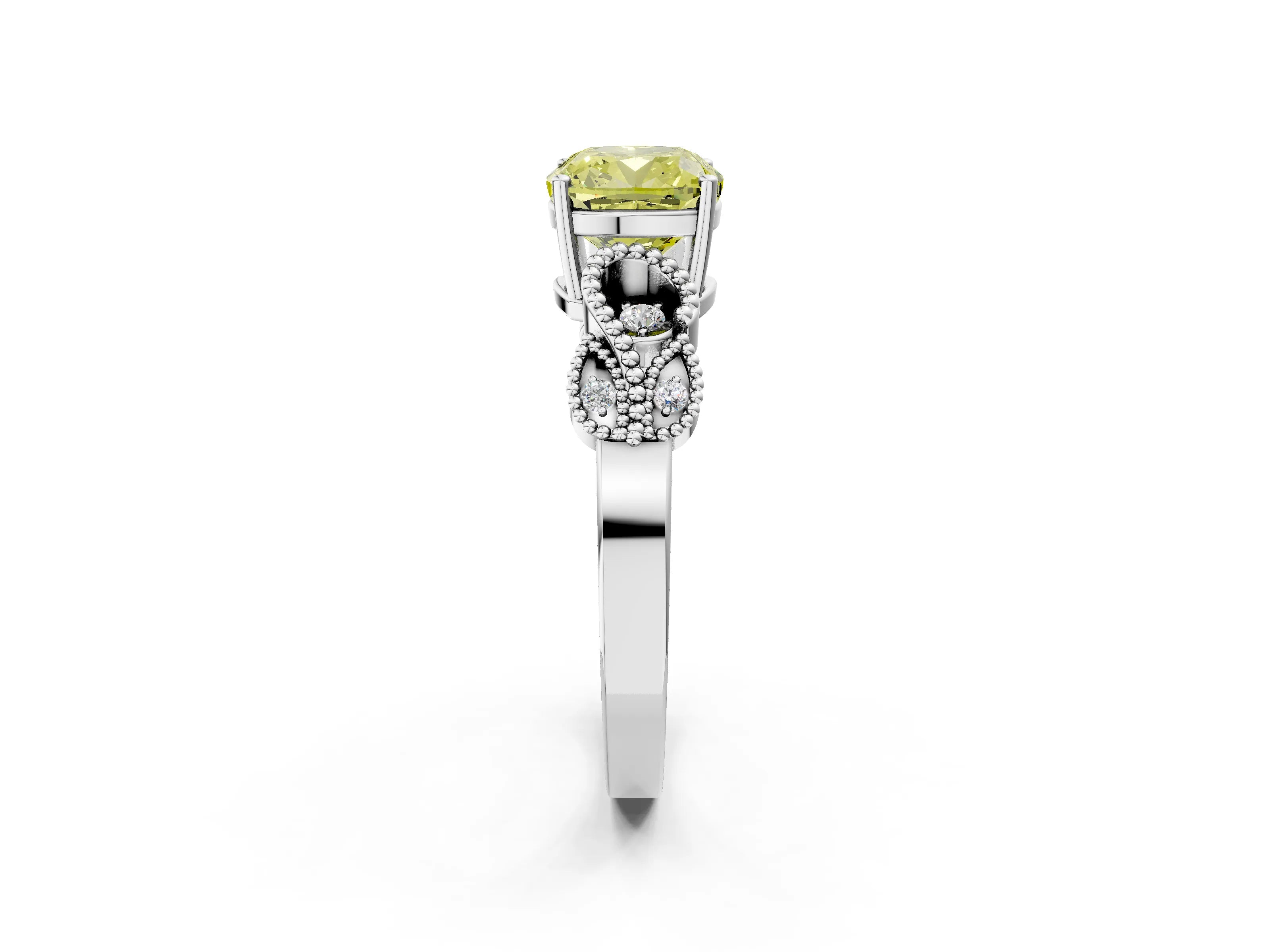 White gold Fancy Yellow Cushion Cut Solitaire Milgrain Leaf Band with Prong Setting_14