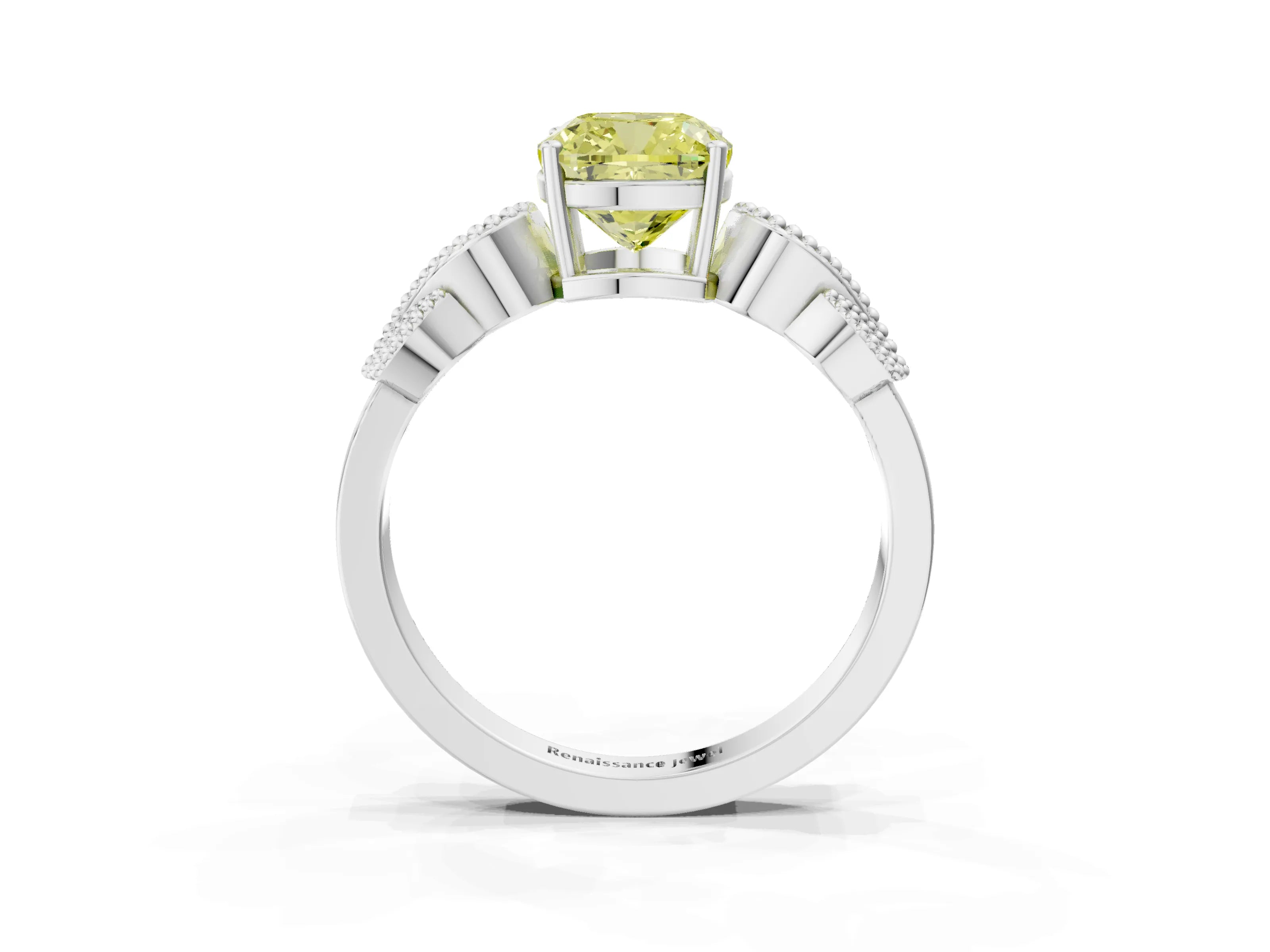 White gold Fancy Yellow Cushion Cut Solitaire Milgrain Leaf Band with Prong Setting_15