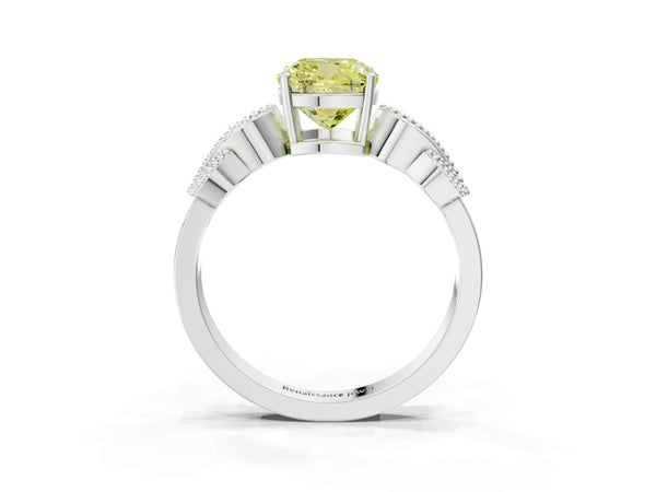White gold Fancy Yellow Cushion Cut Solitaire Milgrain Leaf Band with Prong Setting