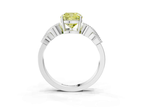White gold Fancy Yellow Cushion Cut Solitaire Milgrain Leaf Band with Prong Setting_15
