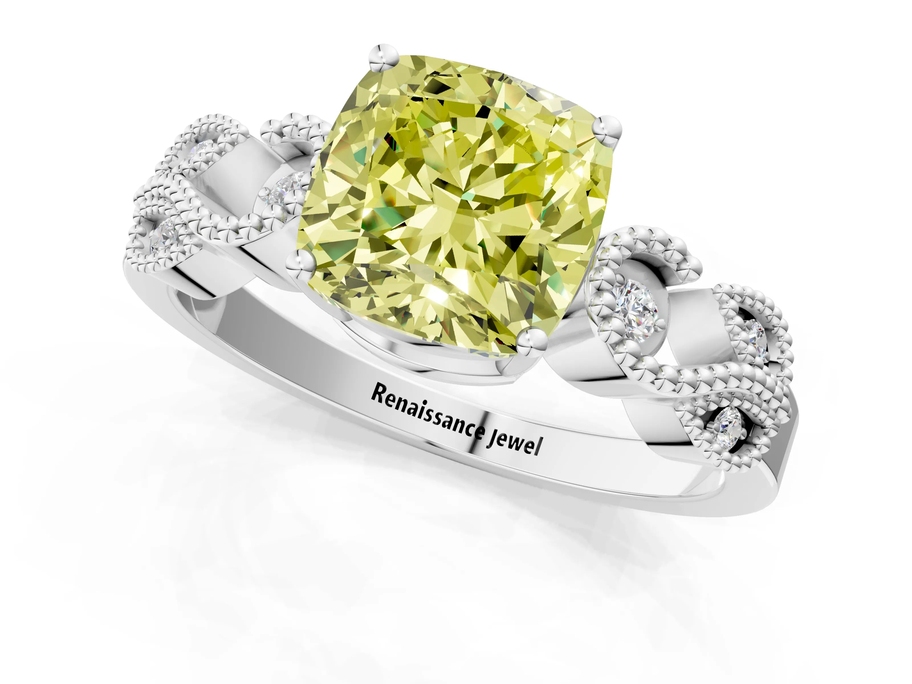 White gold Fancy Yellow Cushion Cut Solitaire Milgrain Leaf Band with Prong Setting_1