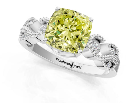 White gold Fancy Yellow Cushion Cut Solitaire Milgrain Leaf Band with Prong Setting_1
