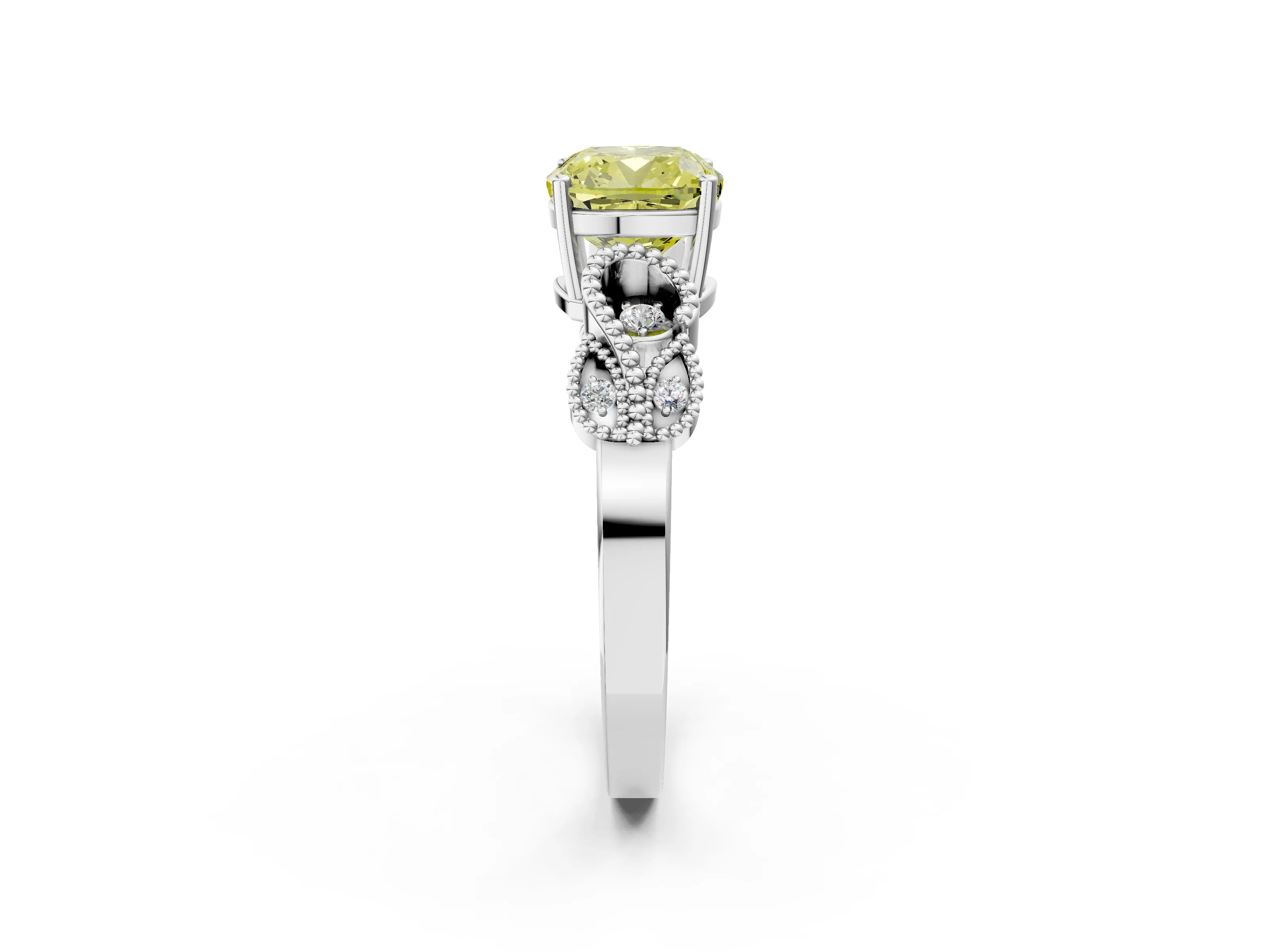 White gold Fancy Yellow Cushion Cut Solitaire Milgrain Leaf Band with Prong Setting_2