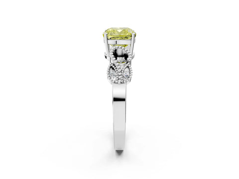 White gold Fancy Yellow Cushion Cut Solitaire Milgrain Leaf Band with Prong Setting_2