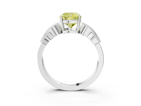 White gold Fancy Yellow Cushion Cut Solitaire Milgrain Leaf Band with Prong Setting_3