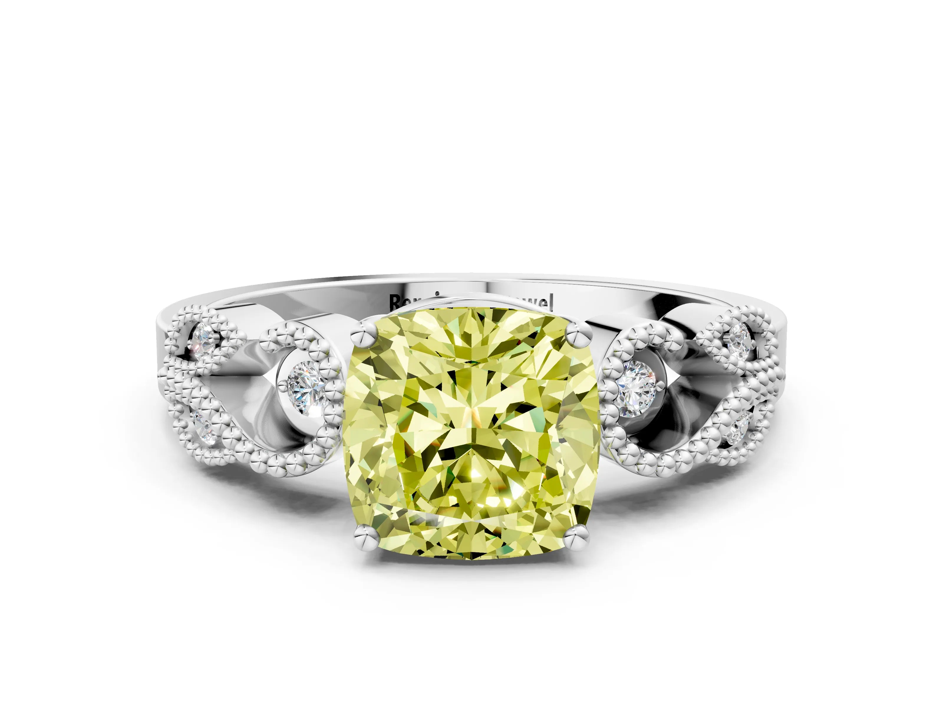 White gold Fancy Yellow Cushion Cut Solitaire Milgrain Leaf Band with Prong Setting