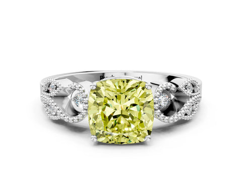White gold Fancy Yellow Cushion Cut Solitaire Milgrain Leaf Band with Prong Setting