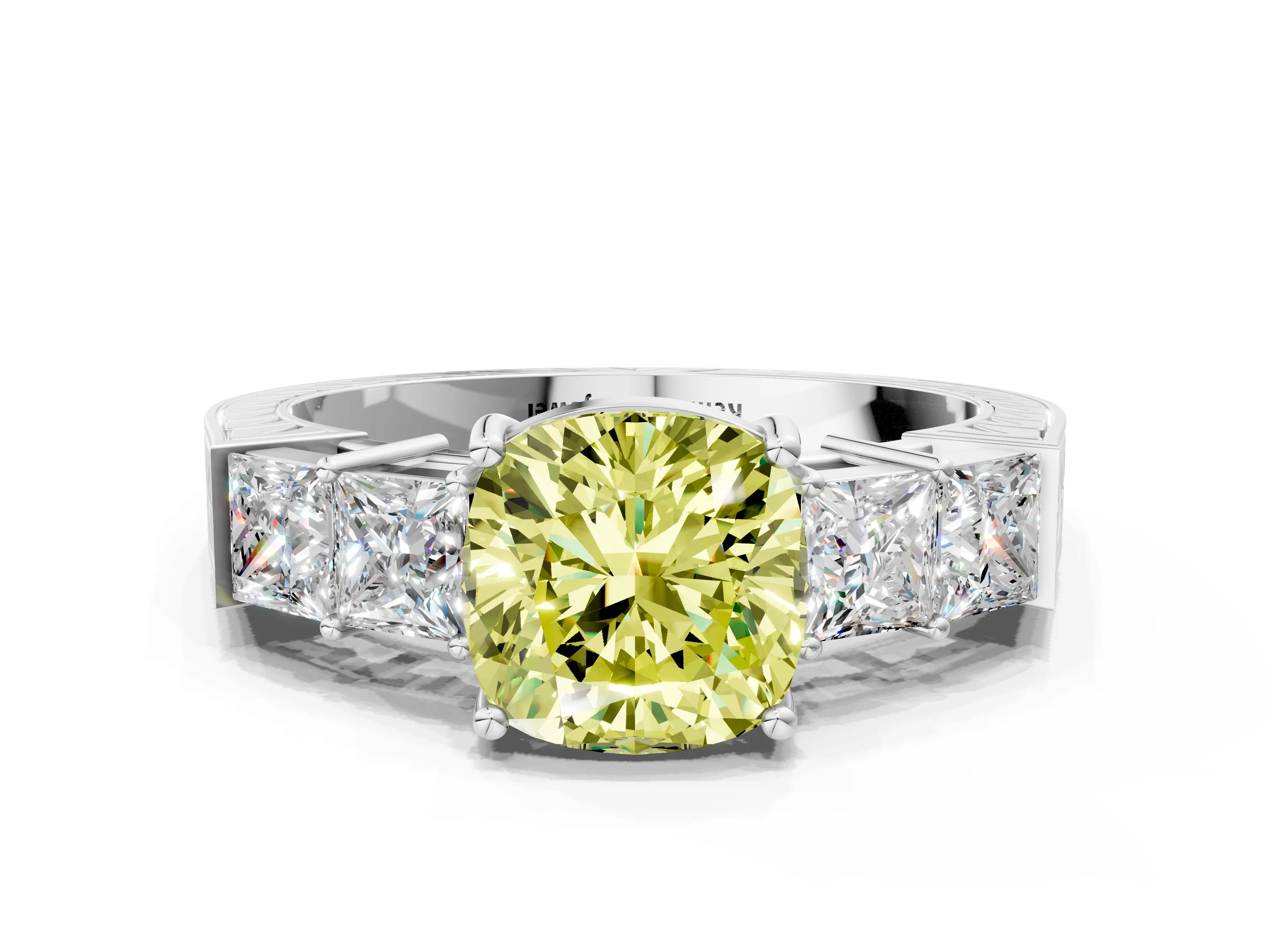 White gold Fancy Yellow Cushion Cut Solitaire Princess Side Stone Engraved Band Prong Setting Ring_12