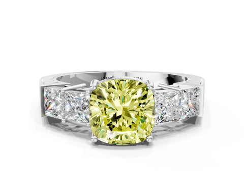 White gold Fancy Yellow Cushion Cut Solitaire Princess Side Stone Engraved Band Prong Setting Ring_12