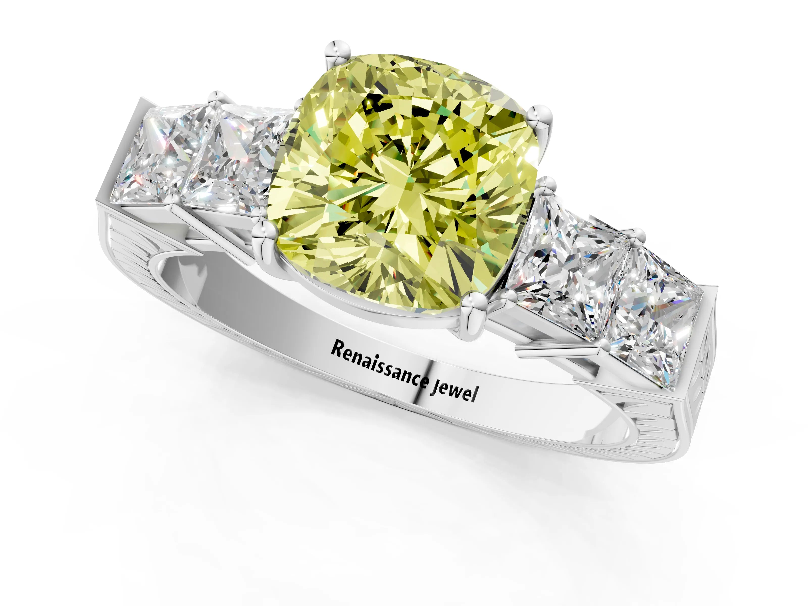 White gold Fancy Yellow Cushion Cut Solitaire Princess Side Stone Engraved Band Prong Setting Ring_13