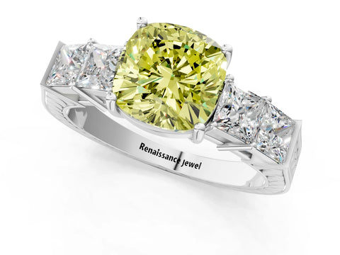 White gold Fancy Yellow Cushion Cut Solitaire Princess Side Stone Engraved Band Prong Setting Ring_13