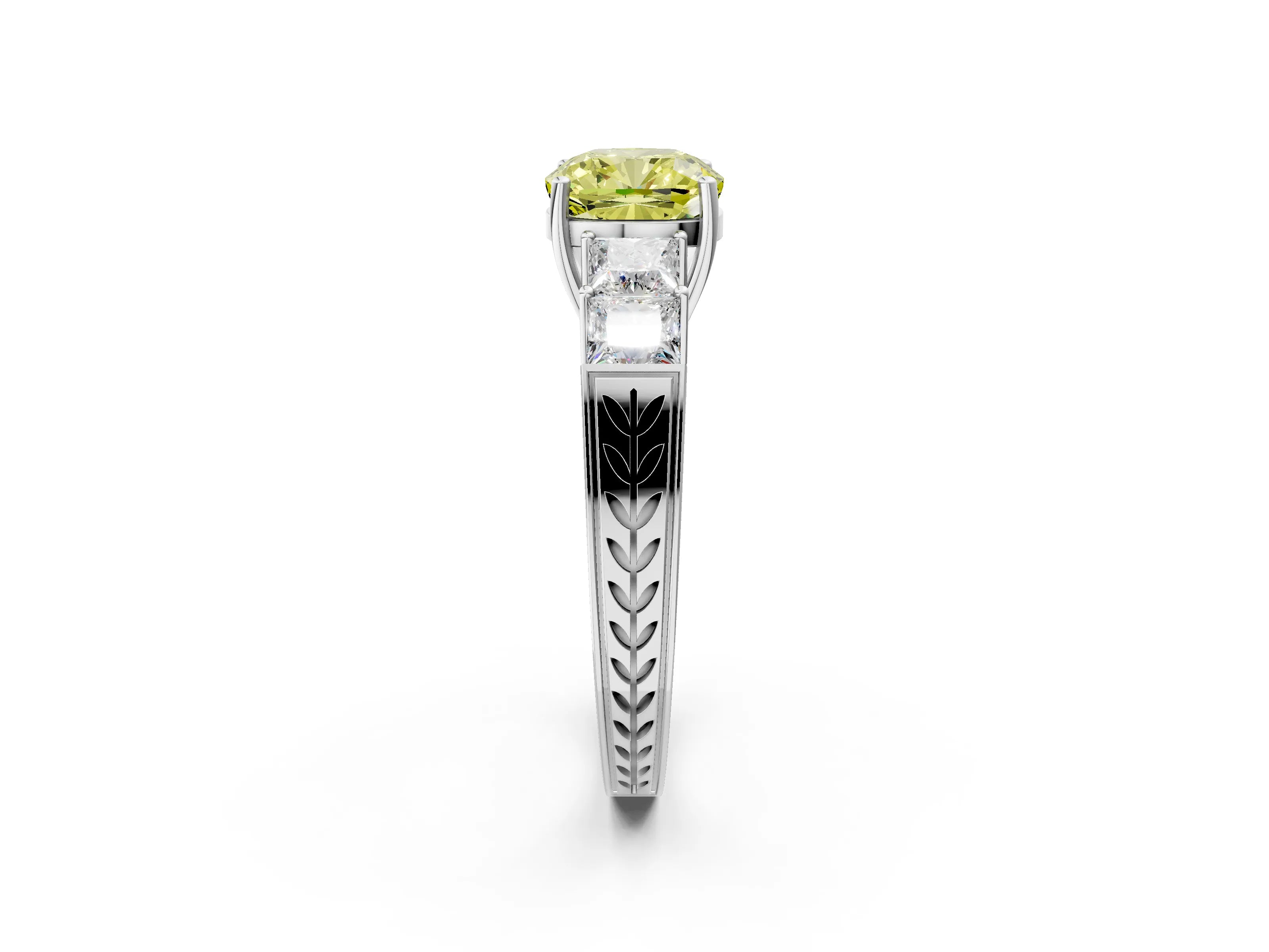 White gold Fancy Yellow Cushion Cut Solitaire Princess Side Stone Engraved Band Prong Setting Ring_14