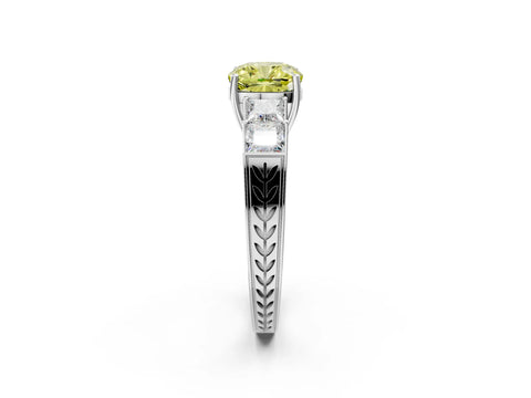 White gold Fancy Yellow Cushion Cut Solitaire Princess Side Stone Engraved Band Prong Setting Ring_14
