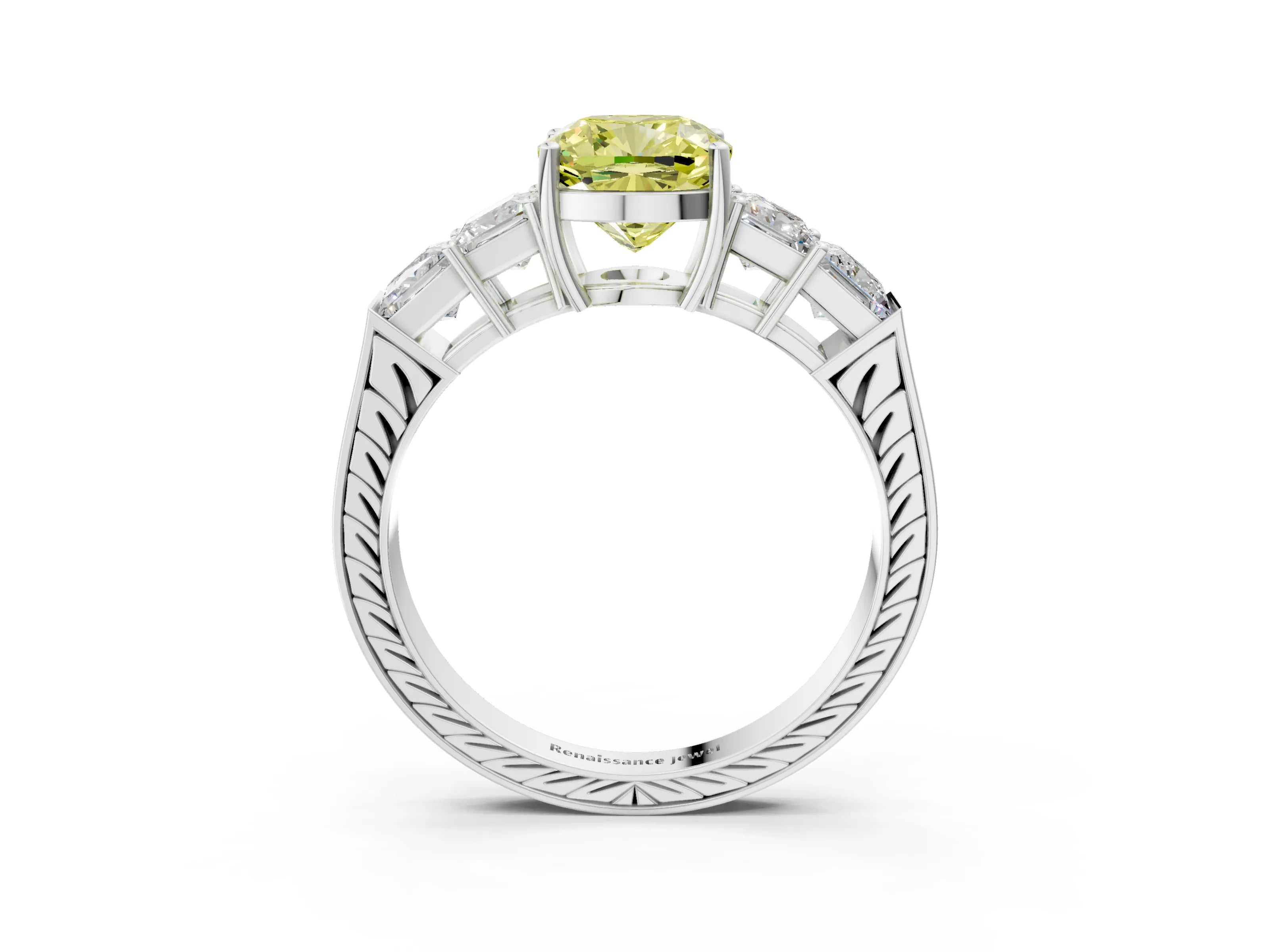 White gold Fancy Yellow Cushion Cut Solitaire Princess Side Stone Engraved Band Prong Setting Ring_15