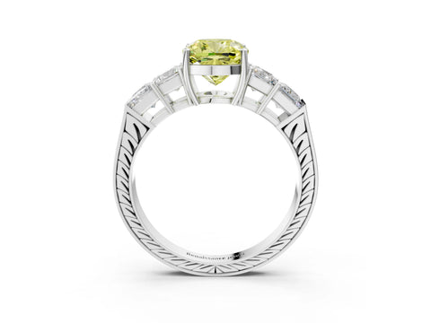 White gold Fancy Yellow Cushion Cut Solitaire Princess Side Stone Engraved Band Prong Setting Ring_15