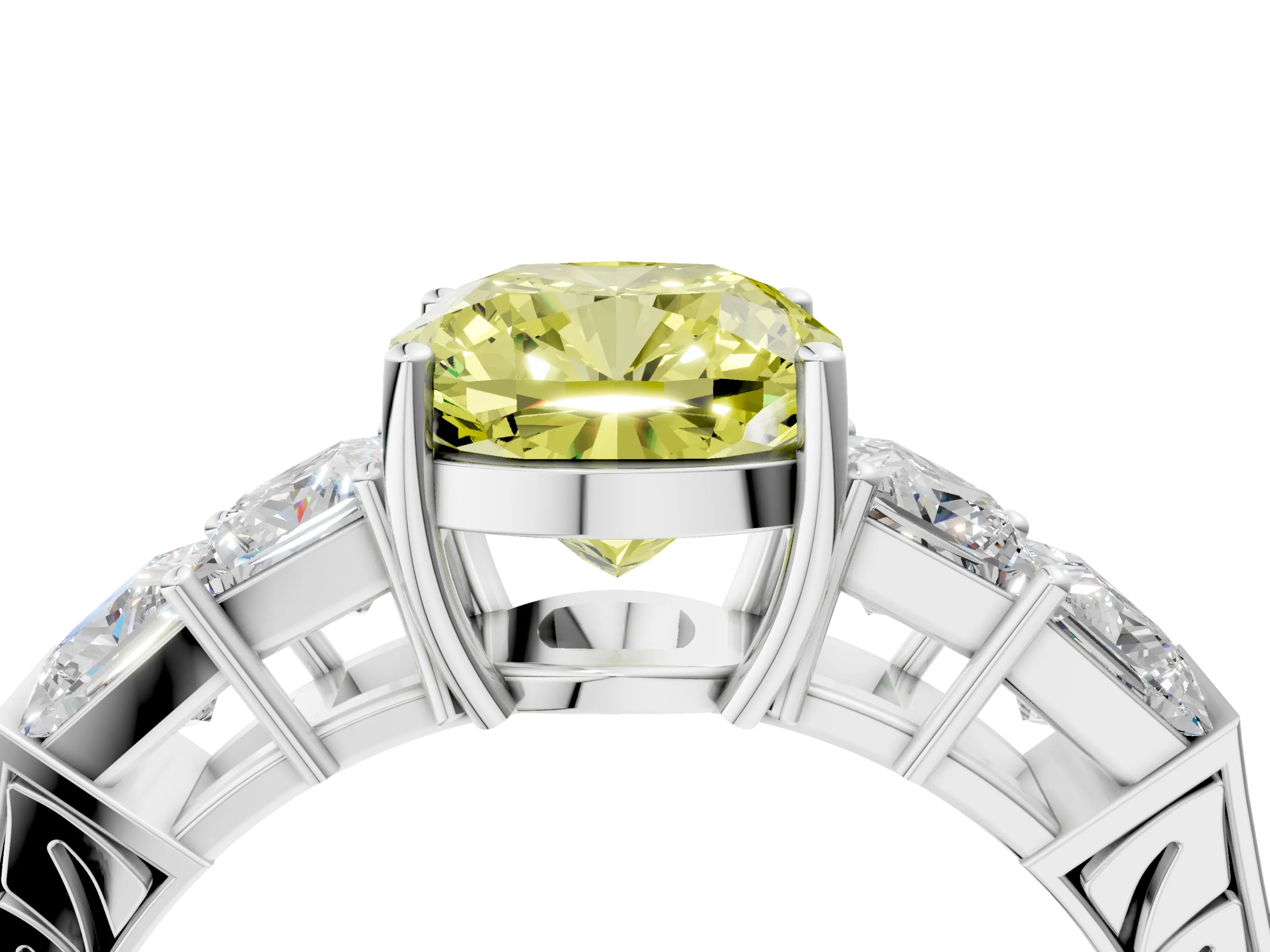 White gold Fancy Yellow Cushion Cut Solitaire Princess Side Stone Engraved Band Prong Setting Ring_16