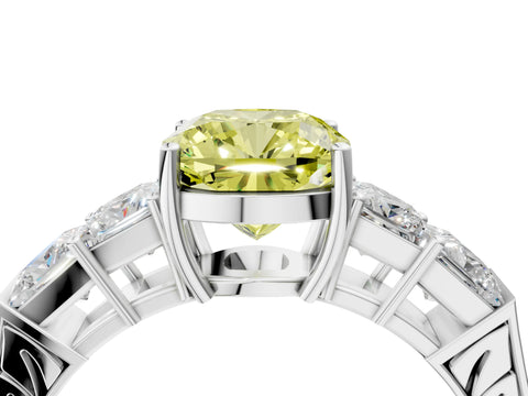 White gold Fancy Yellow Cushion Cut Solitaire Princess Side Stone Engraved Band Prong Setting Ring_16