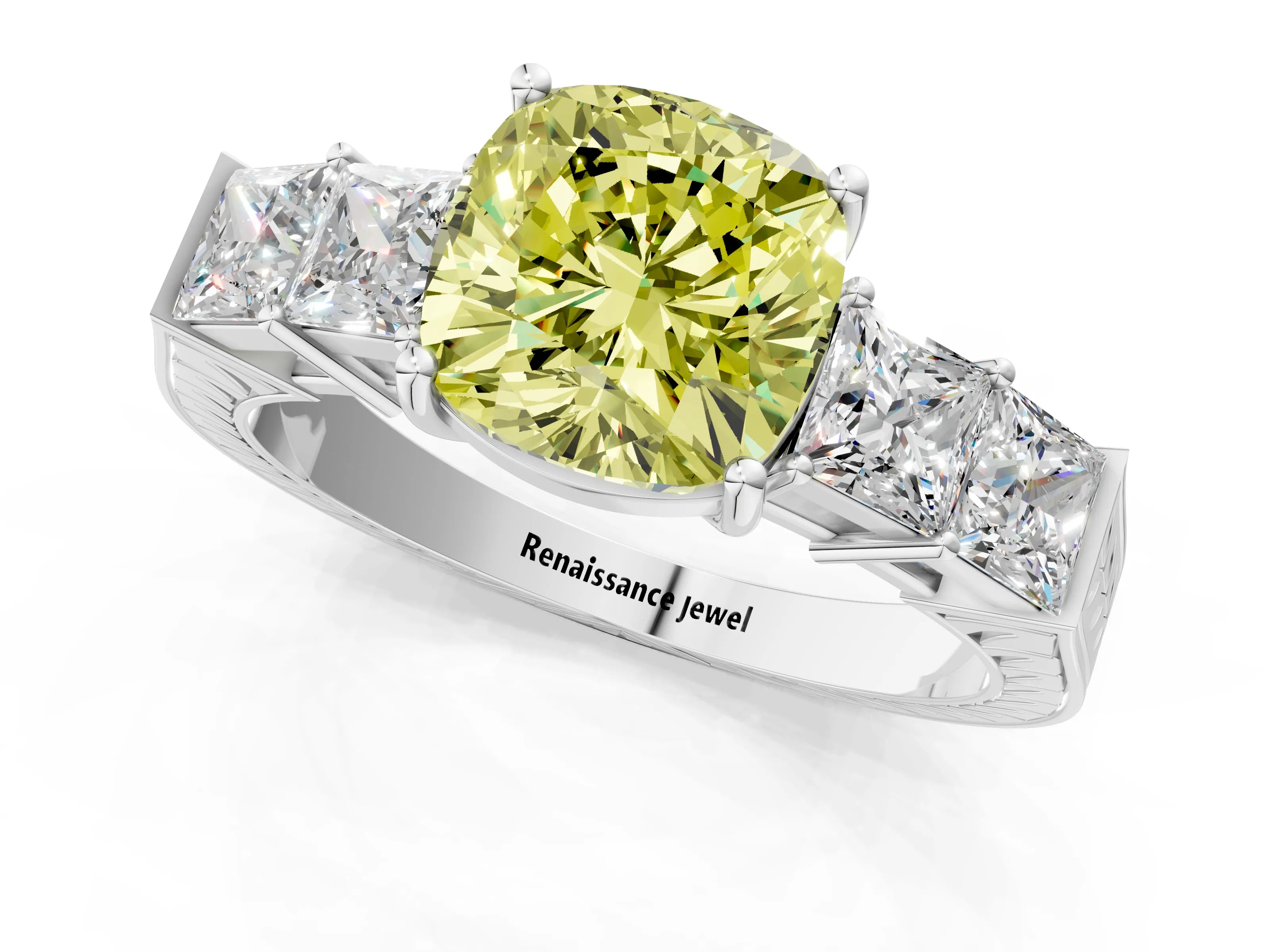 White gold Fancy Yellow Cushion Cut Solitaire Princess Side Stone Engraved Band Prong Setting Ring_1