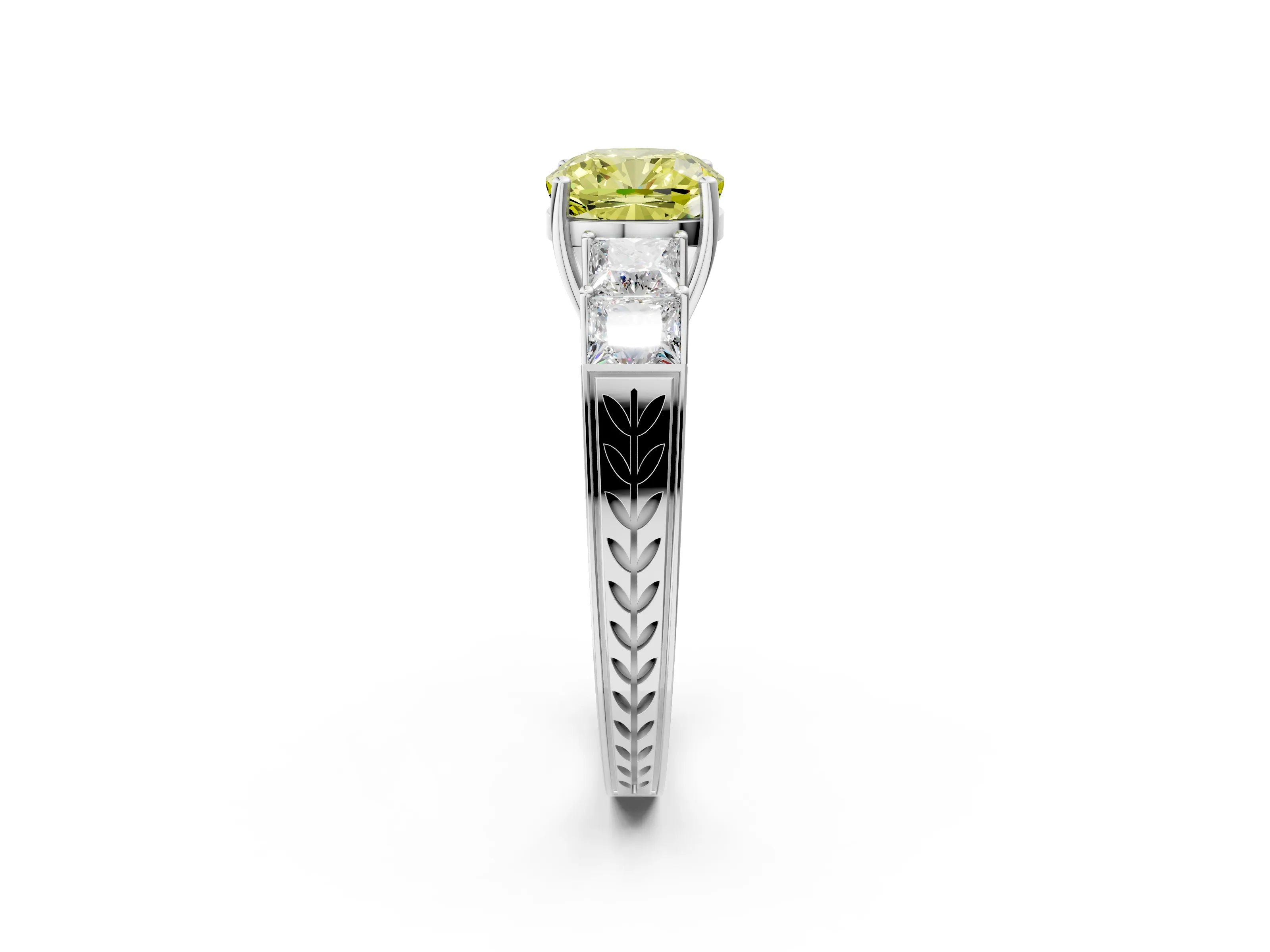 White gold Fancy Yellow Cushion Cut Solitaire Princess Side Stone Engraved Band Prong Setting Ring_2