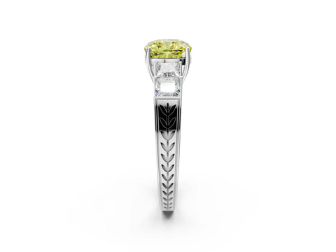 White gold Fancy Yellow Cushion Cut Solitaire Princess Side Stone Engraved Band Prong Setting Ring_2