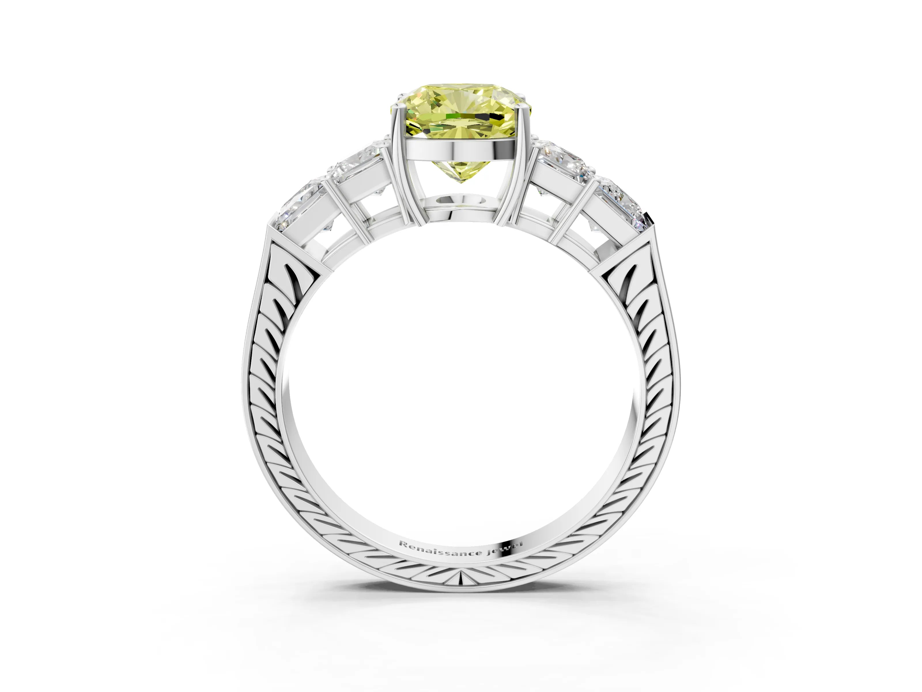 White gold Fancy Yellow Cushion Cut Solitaire Princess Side Stone Engraved Band Prong Setting Ring_3
